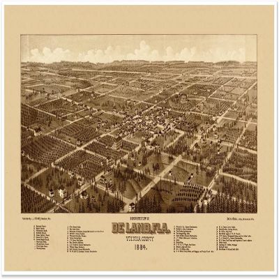 Antiguos Maps Historical Bird's Eye View Print of Deland Florida in Volusia County circa 1884 - measures 16 x 24 inches (406 mm x 610 mm)