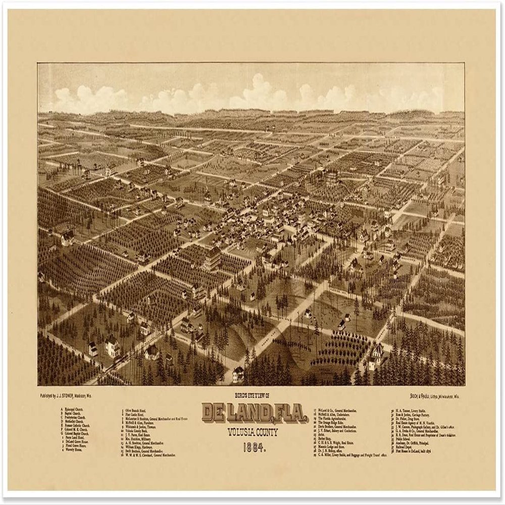 Antiguos Maps Historical Bird's Eye View Print of Deland Florida in Volusia County circa 1884 - measures 16 x 24 inches (406 mm x 610 mm)