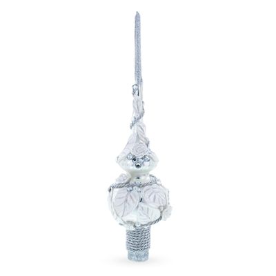 White Roses with Leaves on White Glass Christmas Tree Topper 11 Inches