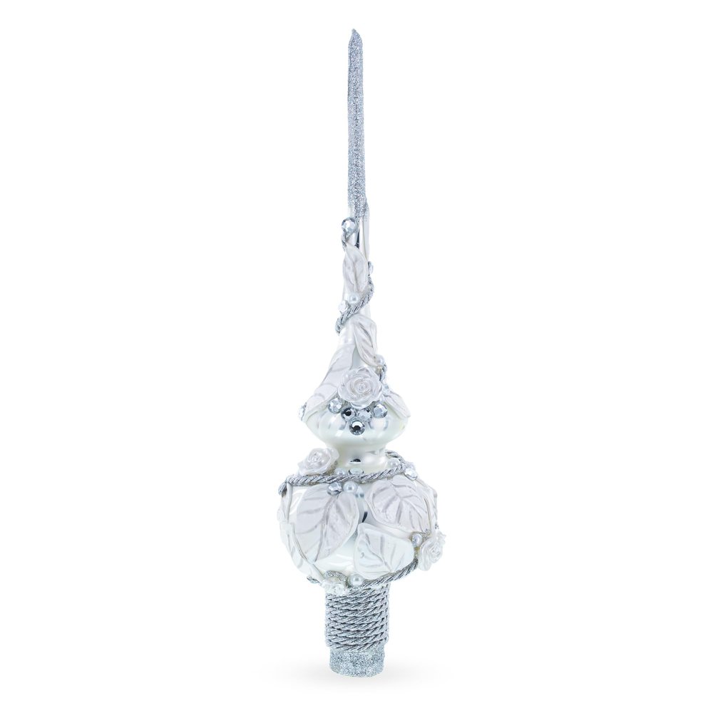 White Roses with Leaves on White Glass Christmas Tree Topper 11 Inches