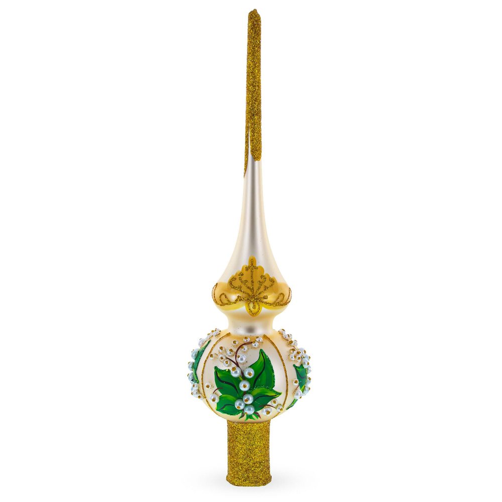 Lily of The Valley Flowers on Beige Glass Christmas Tree Topper 11 Inches