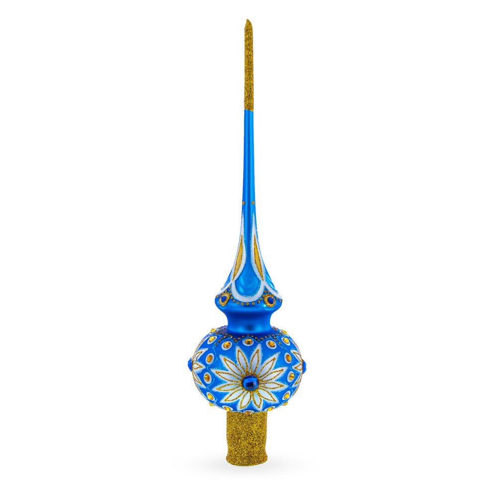 White Daisies on Blue Glass Christmas Tree Topper 11 Inches