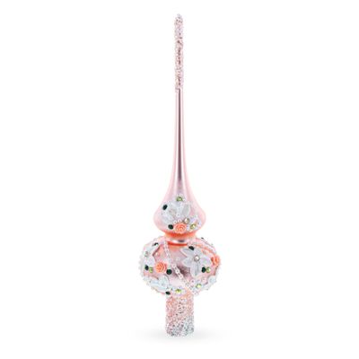 Pink Flowers on Metallic Rose Pink Glass Christmas Tree Topper 11 Inches