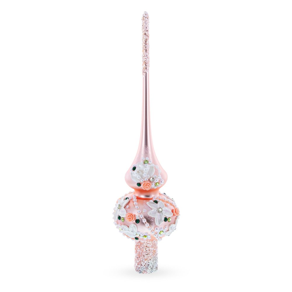 Pink Flowers on Metallic Rose Pink Glass Christmas Tree Topper 11 Inches