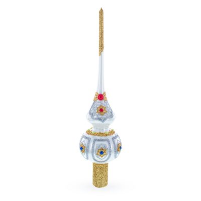Dimensional Blue and Red Jewels on Silver Glass Christmas Tree Topper 11 Inches