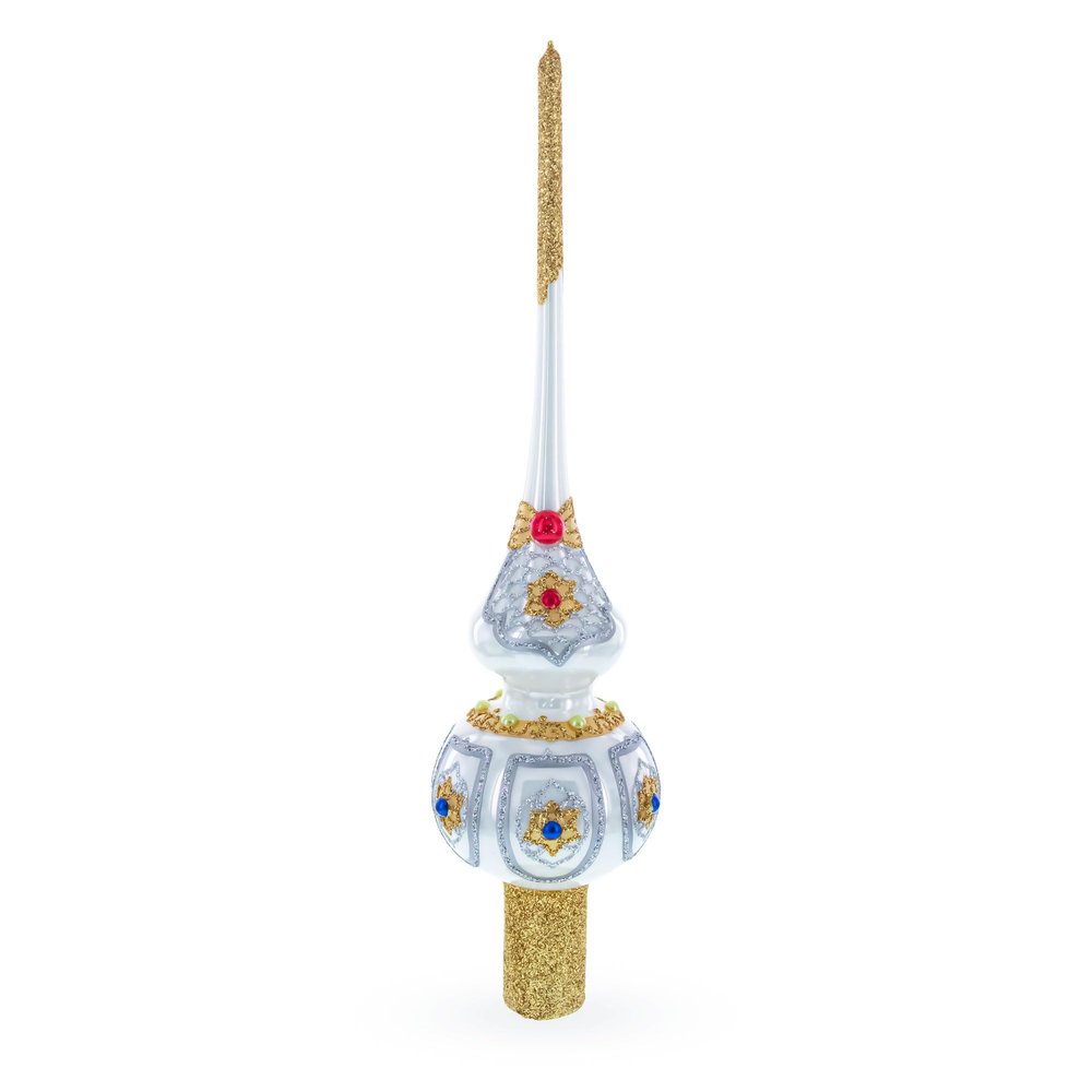 Dimensional Blue and Red Jewels on Silver Glass Christmas Tree Topper 11 Inches
