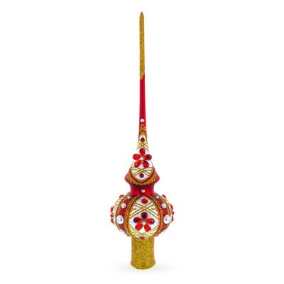 Red Jewels and White Pearls on Red Glass Christmas Tree Topper 11 Inches
