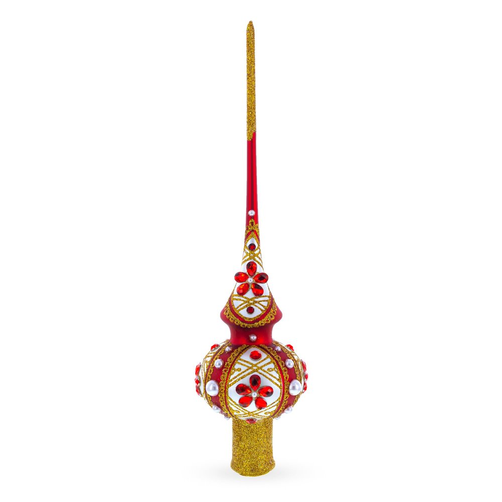 Red Jewels and White Pearls on Red Glass Christmas Tree Topper 11 Inches