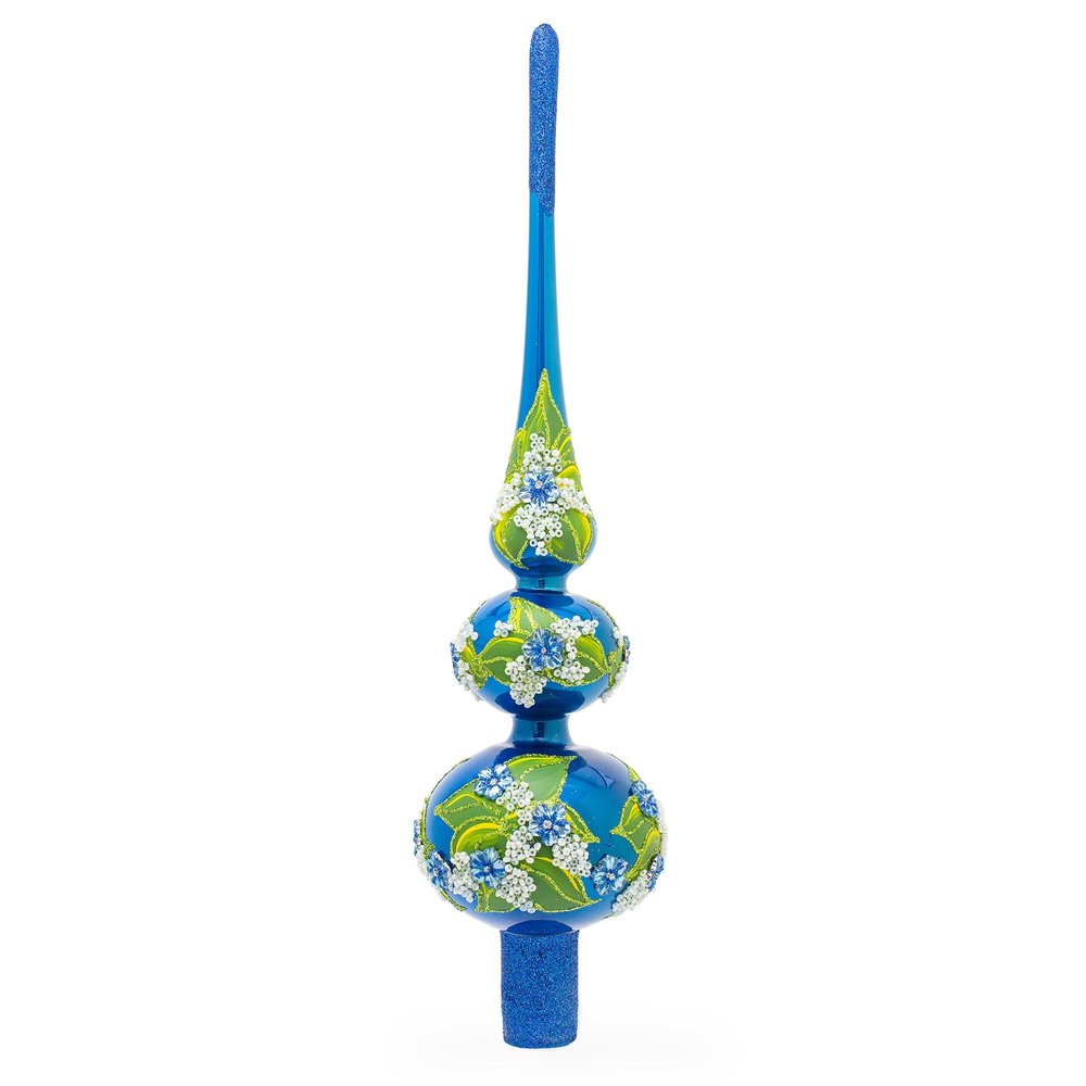 Blue Flowers on Glossy Blue Mouth Glass Christmas Tree Topper 12.5 Inches