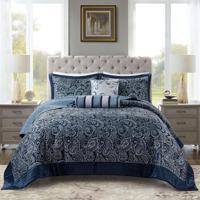 Madison Park Aubrey Reversible Quilted Bedspread Set, Solid Reverse Summer Breathable, Lightweight All Season Bedding Layer, Matching Shams, Bedspread Queen(102"x118"), Navy 5 Piece