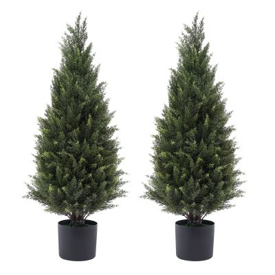 3ft(35) Artificial Cedar Outdoor Artificial Shrub Sunlight Resistant Leafy Potted Plant for Indoor Porch of Home and Office Artificial Outdoor Tree 2 Pieces a Set Topiary Trees