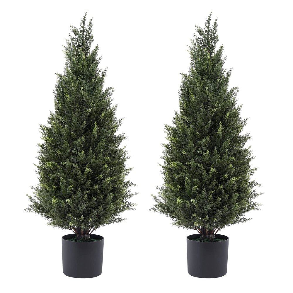 3ft(35) Artificial Cedar Outdoor Artificial Shrub Sunlight Resistant Leafy Potted Plant for Indoor Porch of Home and Office Artificial Outdoor Tree 2 Pieces a Set Topiary Trees