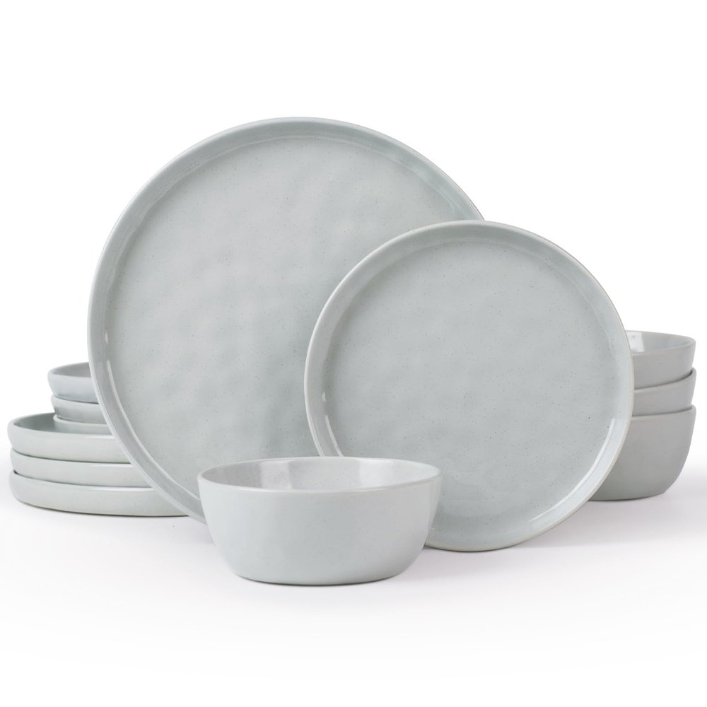 Famiware Mars Plates and Bowls Set, 12 Pieces Dinnerware Sets, Dishes Set for 4, Light Gray