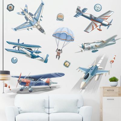 BWCXXZH Watercolor Airplane Wall Stickers Airplanes Parachute Astronaut Wall Decals, Planes Wall Art Wallpaper Baby Nursery Kids Bedroom Wall Decor
