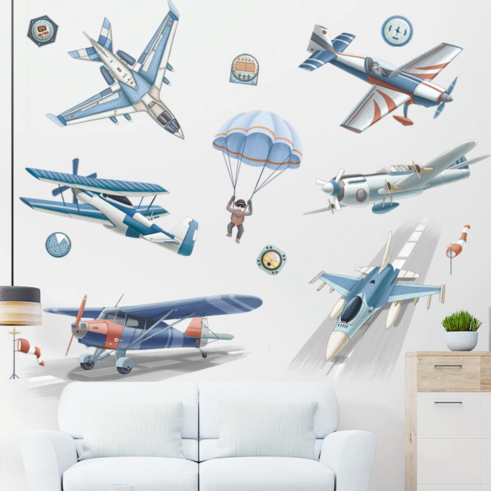 BWCXXZH Watercolor Airplane Wall Stickers Airplanes Parachute Astronaut Wall Decals, Planes Wall Art Wallpaper Baby Nursery Kids Bedroom Wall Decor