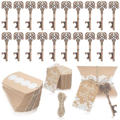 100 Sets Vintage Key Bottle Openers for Wedding Favors and Guests - Bulk Rustic Souvenir Gift With Thank You Tag, Jute Rope, Lace Candy Box for Party