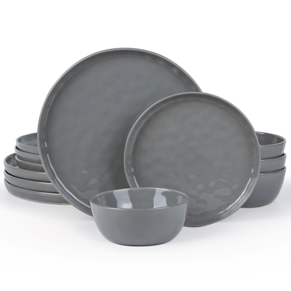 Famiware Mars Plates and Bowls Set, 12 Pieces Dinnerware Sets, Dishes Set for 4, Dark Gray
