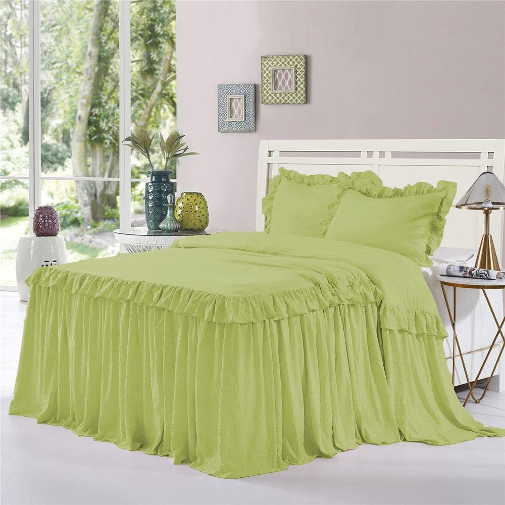 Dainty Homes : Double Ruffle 3 Piece Set Bed Spread Shabby Very Nice Looking Bedding 100% Egyptian Cotton 600 TC 25" Drop Full -Solid Sage