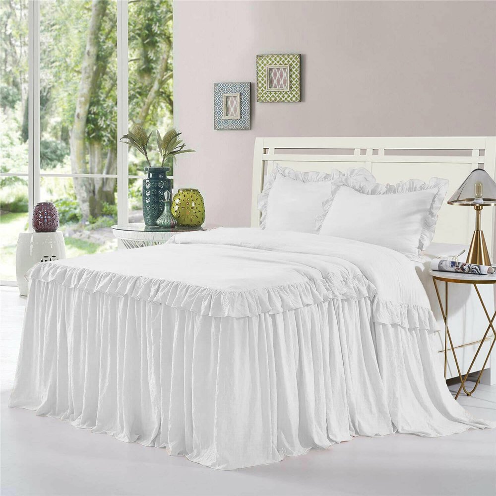 Dainty Homes : Double Ruffle 3 Piece Set Bed Spread Shabby Very Nice Looking Bedding 100% Egyptian Cotton 600 TC 25" Drop Full -Solid White