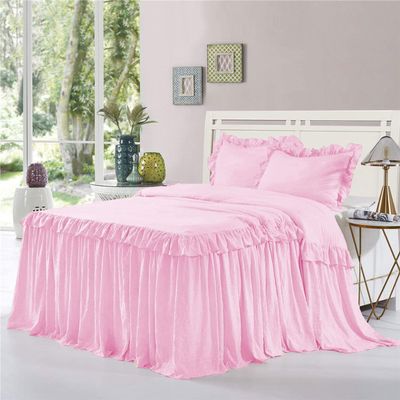 Dainty Homes : Double Ruffle 3 Piece Set Bed Spread Shabby Very Nice Looking Bedding 100% Egyptian Cotton 600 TC 25" Drop Full XL-Solid Pink