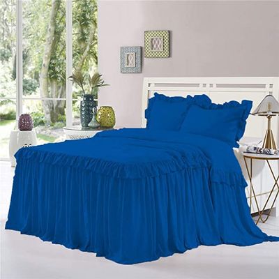 Dainty Homes : Double Ruffle 3 Piece Set Bed Spread Shabby Very Nice Looking Bedding 100% Egyptian Cotton 600 TC 25" Drop Full -Solid Royal Blue