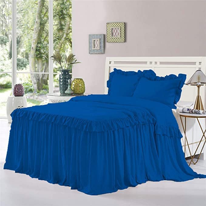 Dainty Homes : Double Ruffle 3 Piece Set Bed Spread Shabby Very Nice Looking Bedding 100% Egyptian Cotton 600 TC 25" Drop Full -Solid Royal Blue