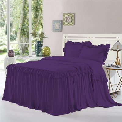 Dainty Homes : Double Ruffle 3 Piece Set Bed Spread Shabby Very Nice Looking Bedding 100% Egyptian Cotton 600 TC 25" Drop Full -Solid Purple