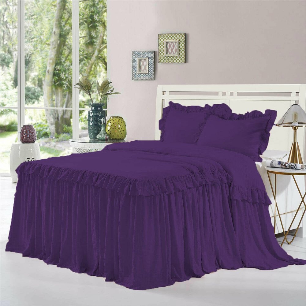 Dainty Homes : Double Ruffle 3 Piece Set Bed Spread Shabby Very Nice Looking Bedding 100% Egyptian Cotton 600 TC 25" Drop Full -Solid Purple