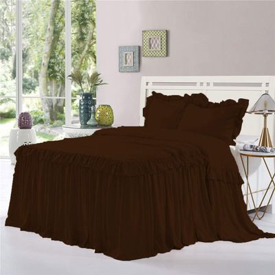 Dainty Homes : Double Ruffle 3 Piece Set Bed Spread Shabby Very Nice Looking Bedding 100% Egyptian Cotton 600 TC 25" Drop Full XL-Solid Coffee
