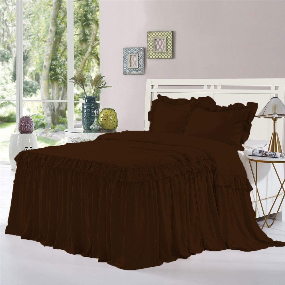 Dainty Homes : Double Ruffle 3 Piece Set Bed Spread Shabby Very Nice Looking Bedding 100% Egyptian Cotton 600 TC 25" Drop Full XL-Solid Coffee