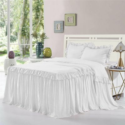 Dainty Homes : Double Ruffle 3 Piece Set Bed Spread Shabby Very Nice Looking Bedding 100% Egyptian Cotton 600 TC 25" Drop Full XL-Solid White