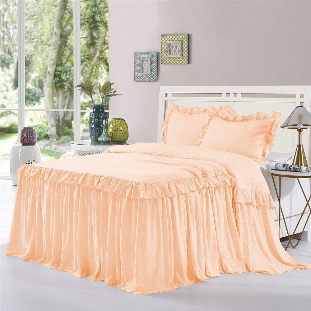 Dainty Homes : Double Ruffle 3 Piece Set Bed Spread Shabby Very Nice Looking Bedding 100% Egyptian Cotton 600 TC 25" Drop Full -Solid Peach