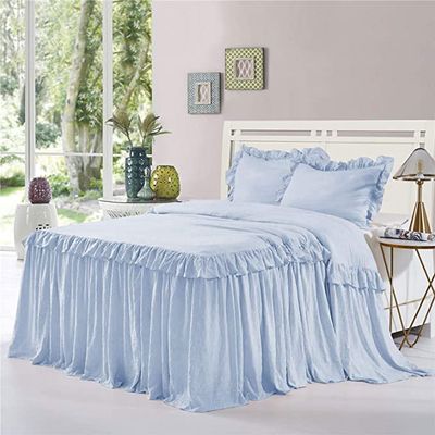 Dainty Homes : Double Ruffle 3 Piece Set Bed Spread Shabby Very Nice Looking Bedding 100% Egyptian Cotton 600 TC 25" Drop Full -Solid Sky Blue