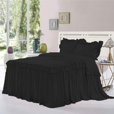 Dainty Homes : Double Ruffle 3 Piece Set Bed Spread Shabby Very Nice Looking Bedding 100% Egyptian Cotton 600 TC 25" Drop Full XL-Solid Black