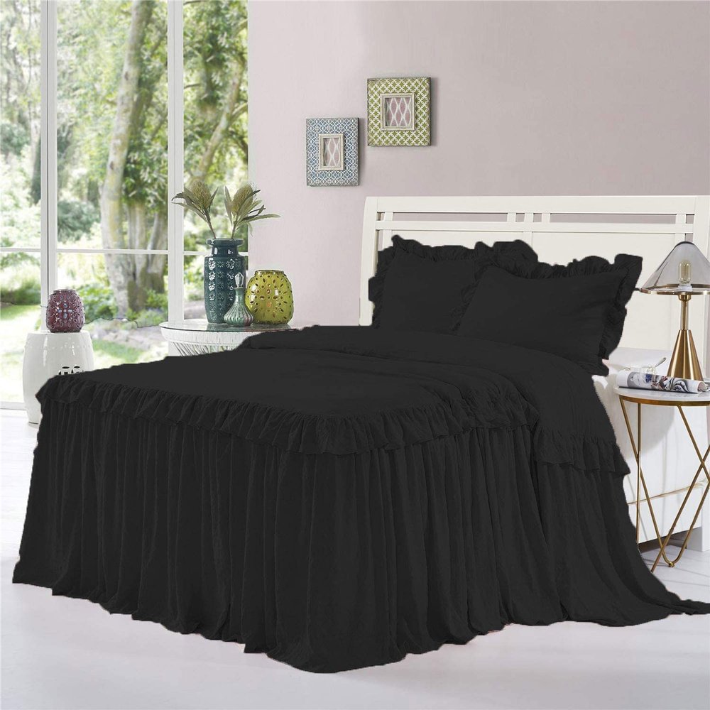 Dainty Homes : Double Ruffle 3 Piece Set Bed Spread Shabby Very Nice Looking Bedding 100% Egyptian Cotton 600 TC 25" Drop Full XL-Solid Black