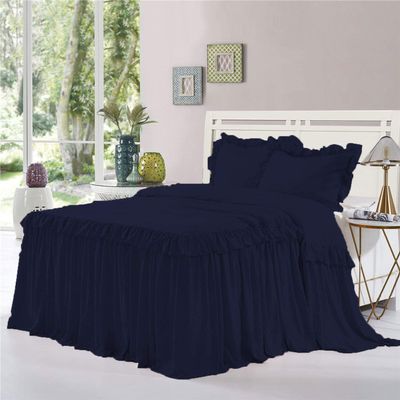 Dainty Homes : Double Ruffle 3 Piece Set Bed Spread Shabby Very Nice Looking Bedding 100% Egyptian Cotton 600 TC 25" Drop Full -Solid Navy Blue
