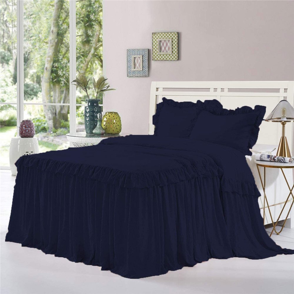 Dainty Homes : Double Ruffle 3 Piece Set Bed Spread Shabby Very Nice Looking Bedding 100% Egyptian Cotton 600 TC 25" Drop Full -Solid Navy Blue