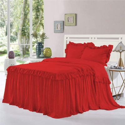 Dainty Homes : Double Ruffle 3 Piece Set Bed Spread Shabby Very Nice Looking Bedding 100% Egyptian Cotton 600 TC 25" Drop Full XL-Solid Red