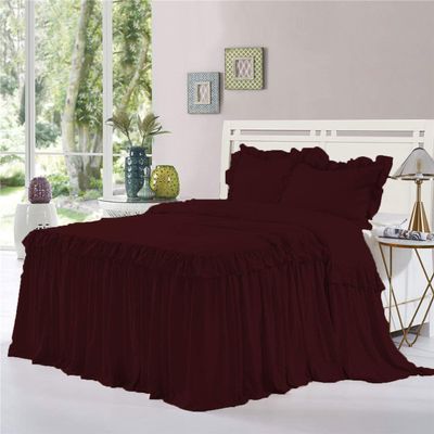 Dainty Homes : Double Ruffle 3 Piece Set Bed Spread Shabby Very Nice Looking Bedding 100% Egyptian Cotton 600 TC 25" Drop Queen -Solid Wine