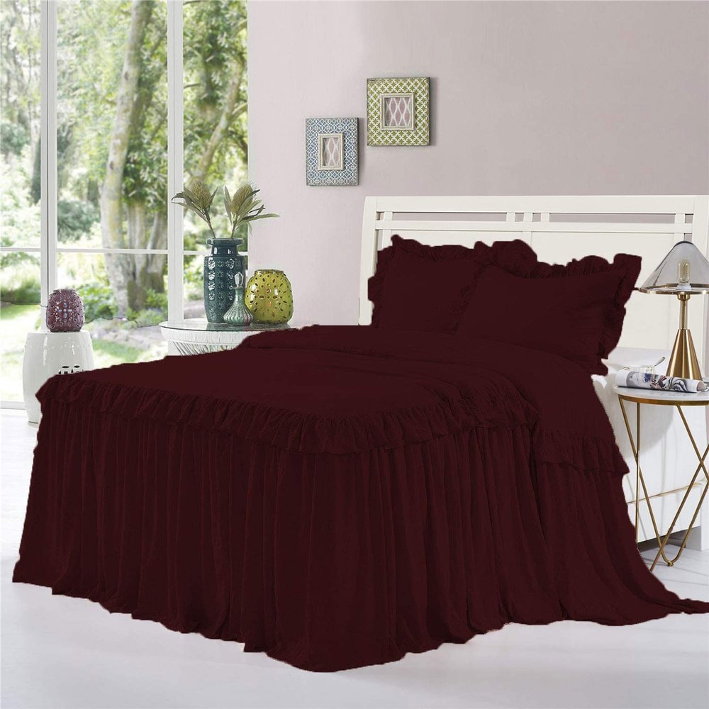 Dainty Homes : Double Ruffle 3 Piece Set Bed Spread Shabby Very Nice Looking Bedding 100% Egyptian Cotton 600 TC 25" Drop Queen -Solid Wine