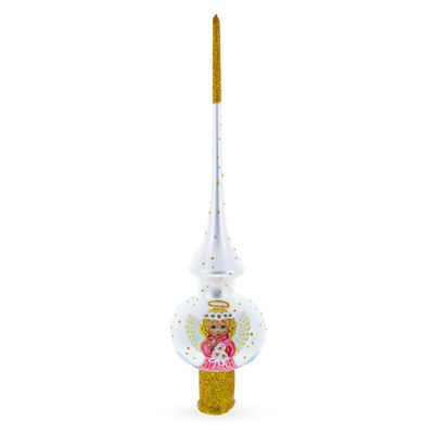Angel on White Golden Flowers Bouquet Glass Christmas Tree Topper 11 Inches