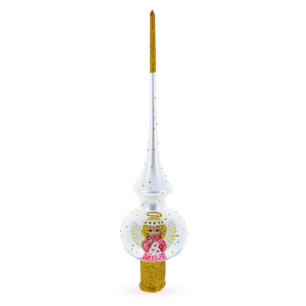 Angel on White Golden Flowers Bouquet Glass Christmas Tree Topper 11 Inches