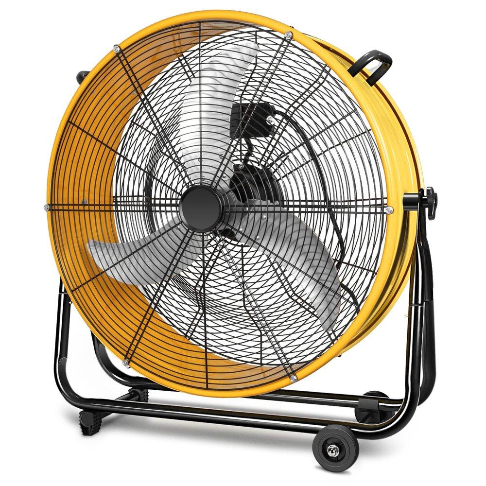 Heavy Duty Metal Industrial Drum Fan, 3 Speed Floor Fan for Warehouse, Workshop, Factory and Basement - High Velocity, Yellow, 24 Inch