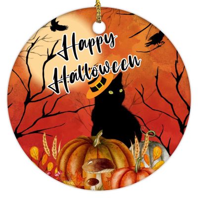 2022 Halloween Ornaments 3 Inch Black Cat Pumpkin Ceramic Ornament Full Moon Crow Night Before Christmas Tree Hanging Ornament Two Sides Printed Gothic Halloween Keepsake Gift