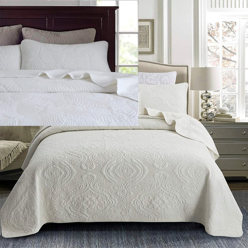Brandream 6PC Luxury Comforter Sets Queen Size Cotton Quilt Set Cream White Bedspread Coverlet Set Damask Embroidery 3-Piece