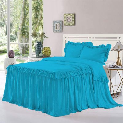 Dainty Homes : Double Ruffle 3 Piece Set Bed Spread Shabby Very Nice Looking Bedding 100% Egyptian Cotton 600 TC 25" Drop King -Solid Turqouise
