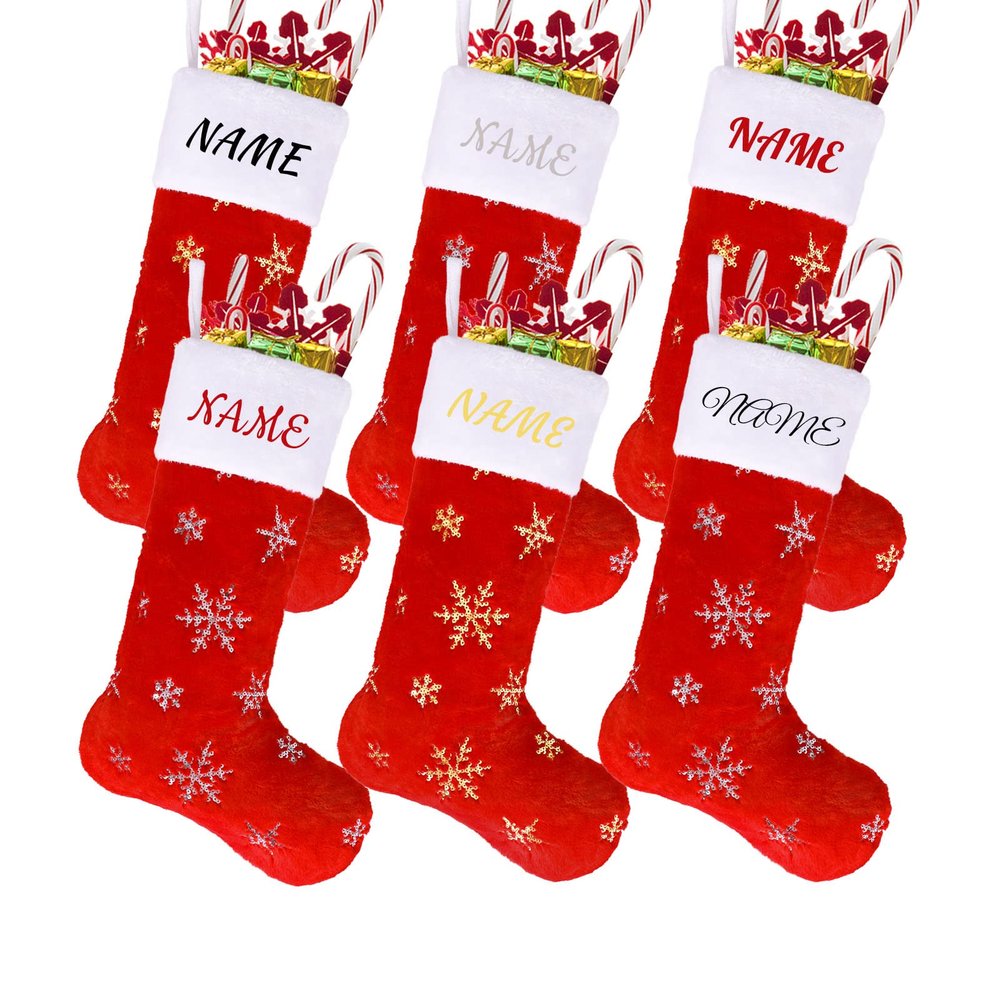 AtiMing Personalized Plush Christmas Stockings Red Family of 6 Large 22" Red White Faux Fur Christmas Stockings Custom Names Sequin Snowflakes Hanging Stockings for Xmas Fireplace Home Decoration