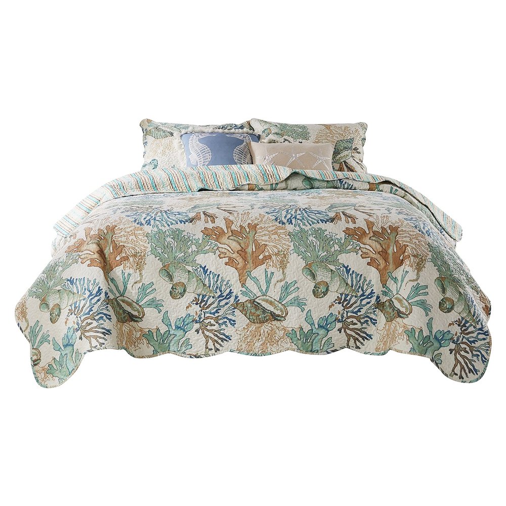Benjara Wade 5 Piece Full Quilt Set, Ocean Design, Scalloped Edges, Floral Pattern, Multicolor
