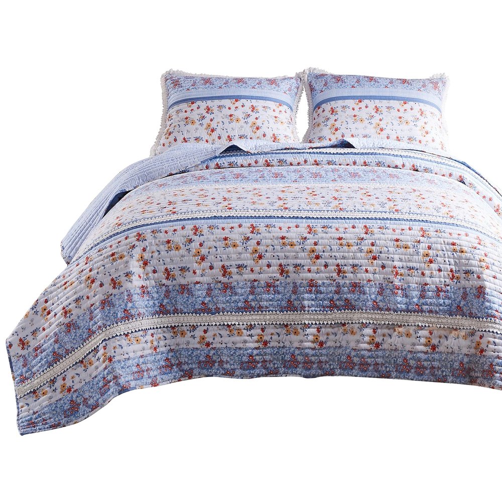 Benjara JOA 2 Piece Microfiber Twin Quilt Set, Floral Print, Lace Trim, Multicolor