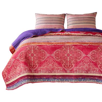 Benjara Dora 3 Piece Bohemian Full Quilt Set, Medallion, Paisley, Pink and Blue